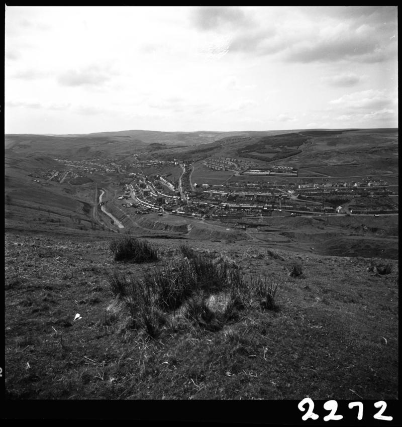 Black and white film negative showing a landscape view of Maerdy.