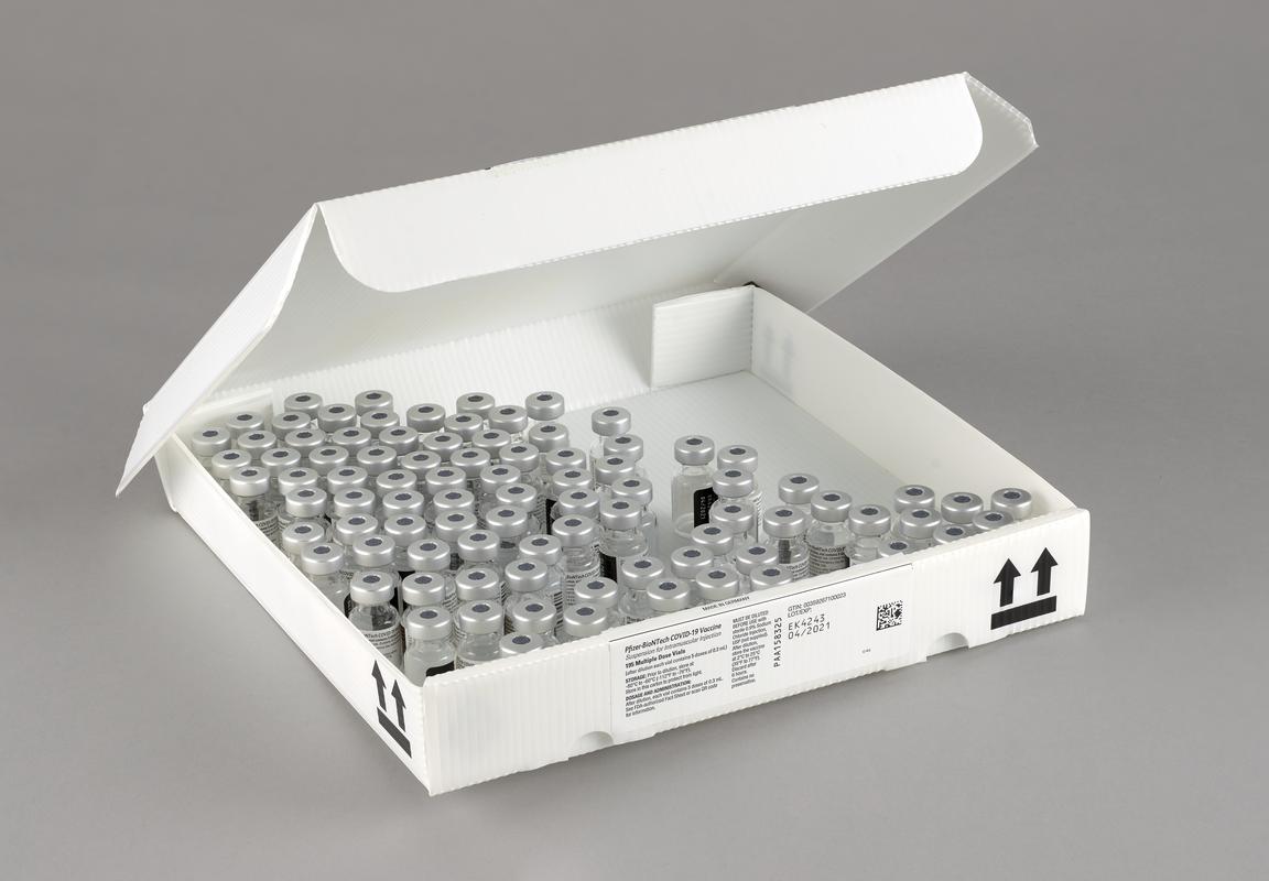 Correx box containing 88 empty &#039;Pfizer-BioNTech COVID-19 Vaccine&#039; vials.
