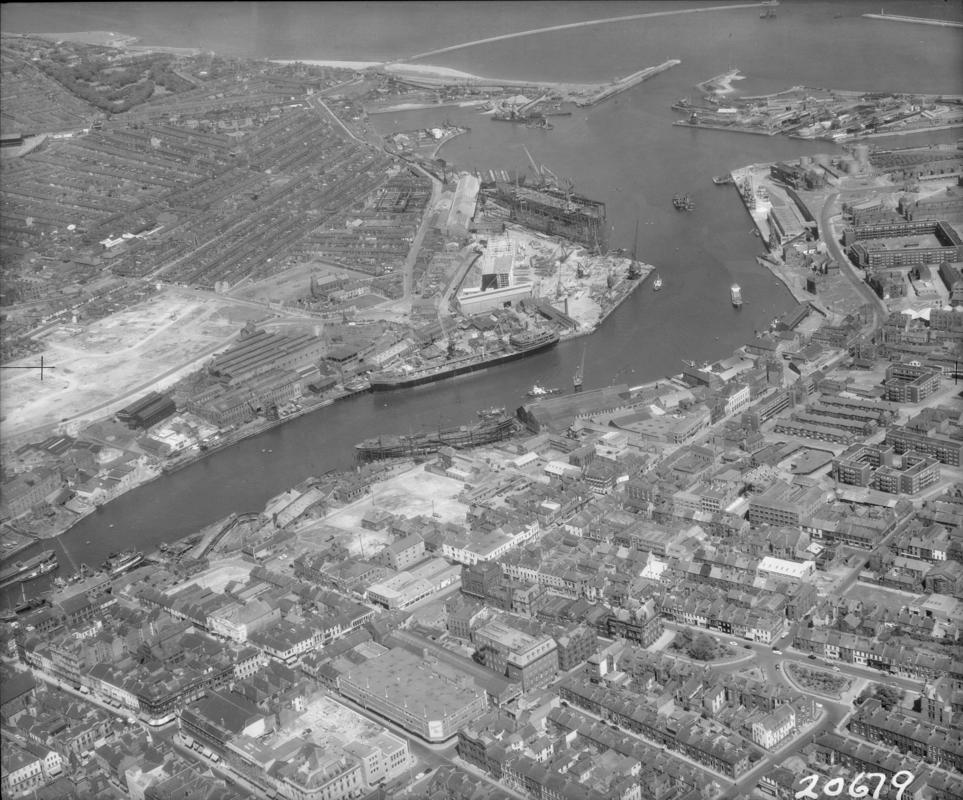 Sunderland, part of central area, with J.L. Thompson&#039;s Shipyard and Doxford&#039;s Palmer&#039;s Hill Engine Works on far side of river