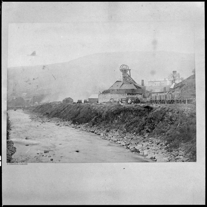Black and white film negative of a photograph showing a general surface view of Cymmer Colliery, 1860s.   &#039;Cymmer&#039; is transcribed from original negative bag.