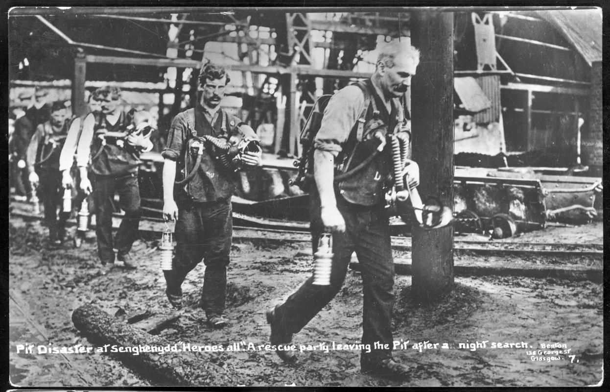 Universal Colliery, Senghenydd. Pit Disaster at Senghenydd. &quot;Heroes all&quot;. A rescue party leaving the Pit after a night search.