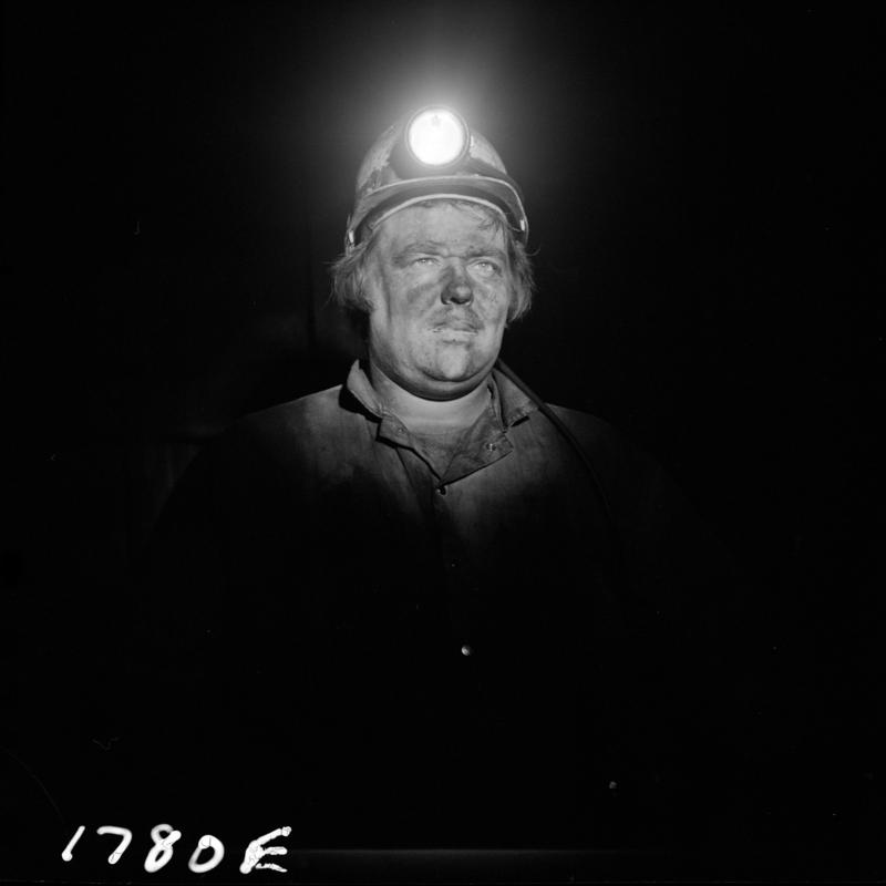 Black and white film negative showing a miner, Blaengwrach Mine, 1 November 1979.  &#039;Blaengwrach 1 Nov 1979&#039; is transcribed from original negative bag.  Appears to be identical to 2009.3/1341, 2009.3/1342, 2009.3/1343 and 2009.3/1346.