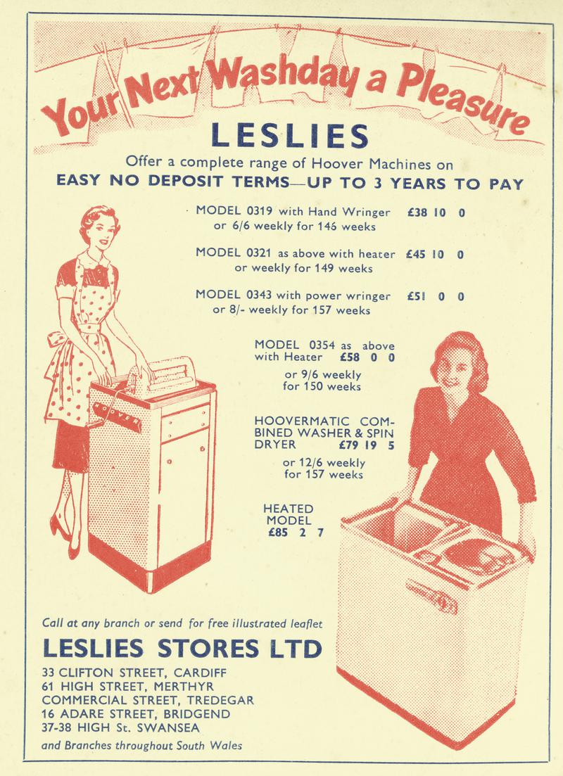 Leslie Stores Ltd. advertisment for Hoover washing machines inside front cover of recipe book &quot;Tea Time Recipes &#039;Amser Te&#039;&quot;