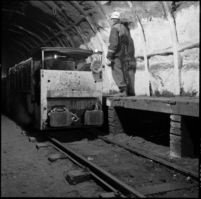 Black and white film negative showing a manriding train underground at Fernhill Colliery in 1978.  &#039;Fernhill 1978&#039; is transcribed from original negative bag.