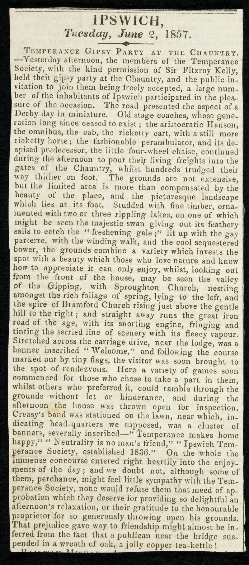 Newspaper cutting. Ipswich, Tuesday June 2nd 1857 - describing the Temperance Gipsy Party at the Chauntry.