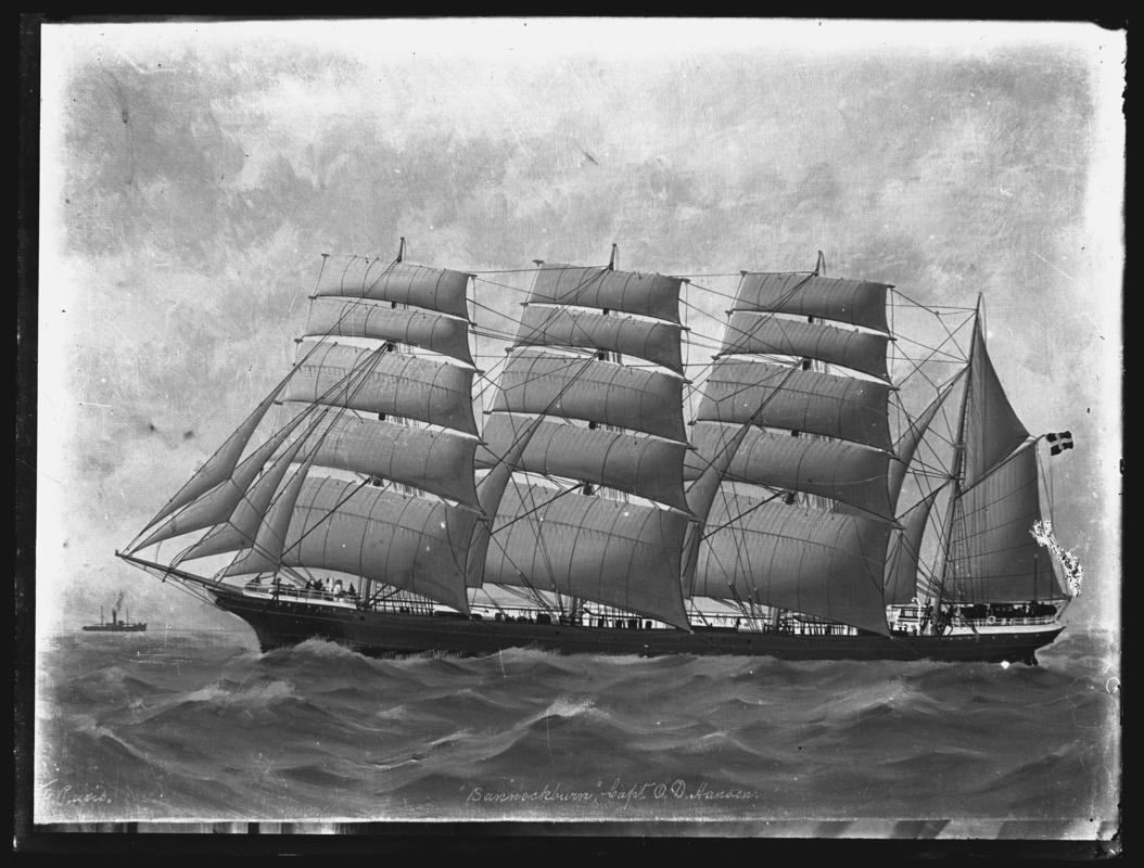 Photograph of painting showing a port broadside view of the four-masted barque BANNOCKBURN.  Title of painting - &#039;&#039;Bannockburn&#039;, Capt. O.D. Hansen&#039;&#039;.