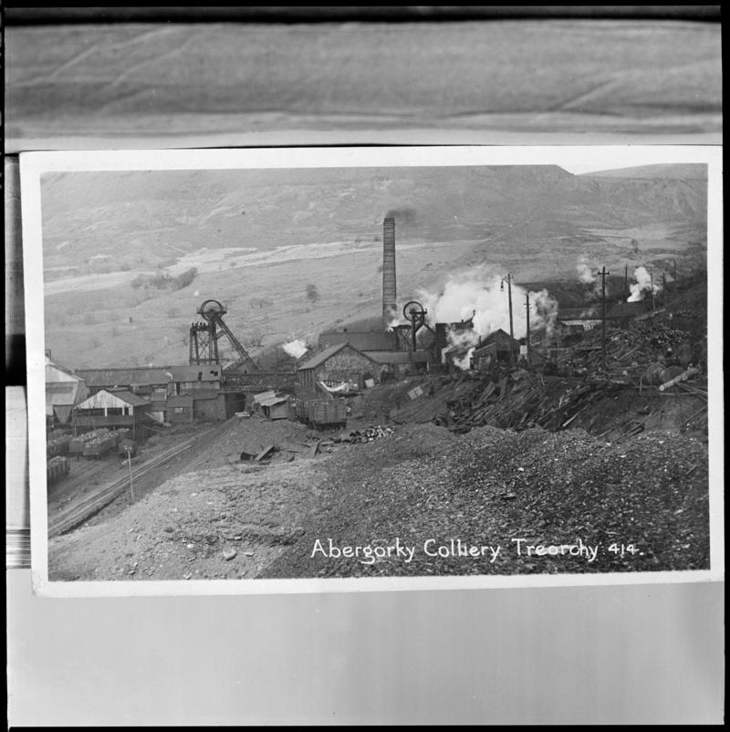 Black and white film negative of a photograph showing a surface view of Abergorki Colliery.  &#039;Abergorki&#039; is transcribed from original negative bag.