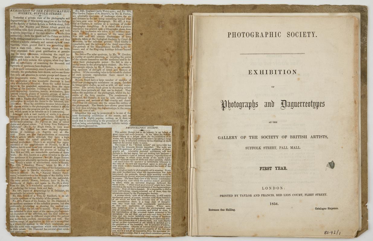 Catalogue of 1854 exhibition by Photographic Society, &quot;Exhibition of Photographs and Daguerreotypes at the Gallery of the Society of British Artists.&quot; Inside cover and page 1