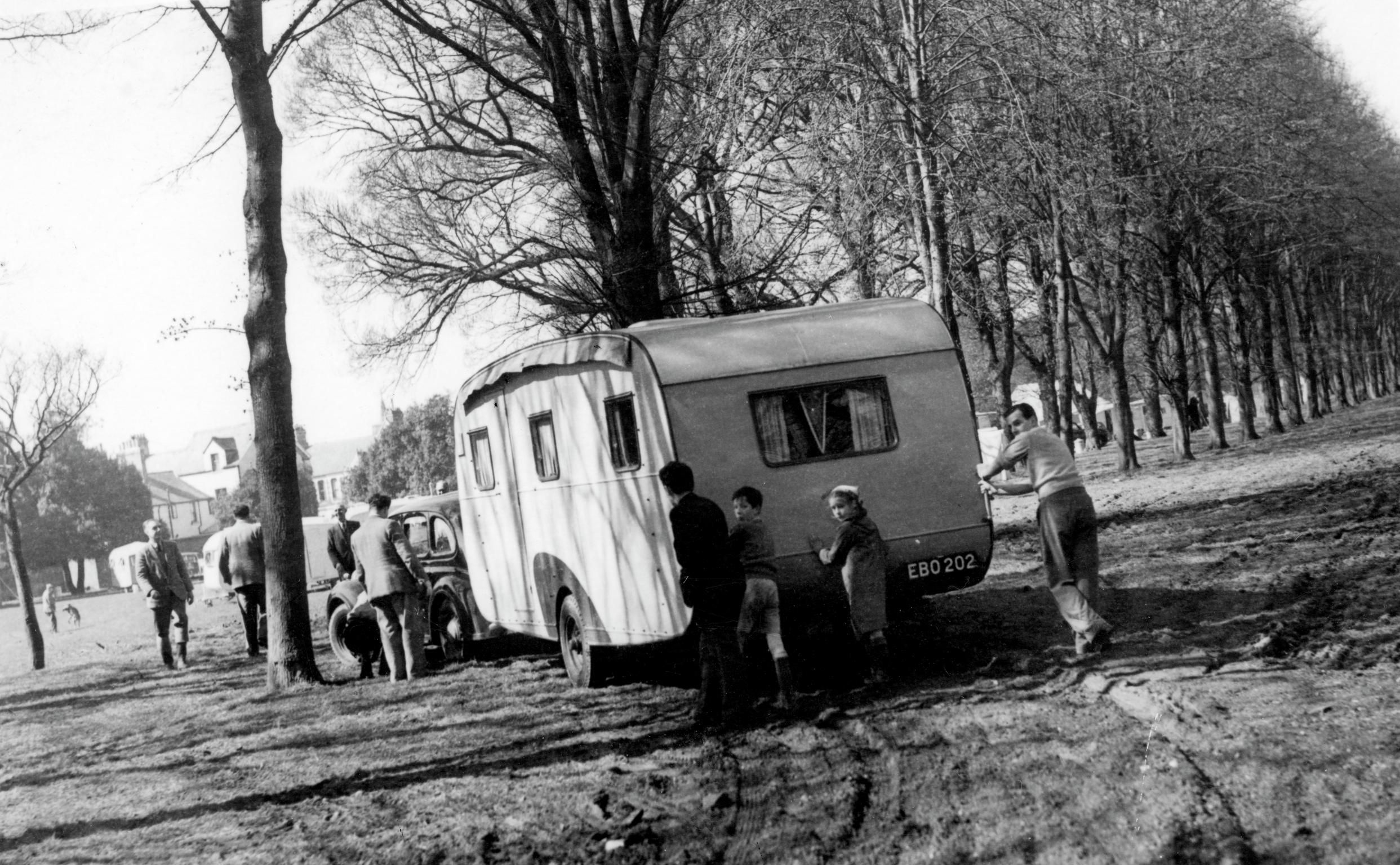 Dodds family with caravan, photograph