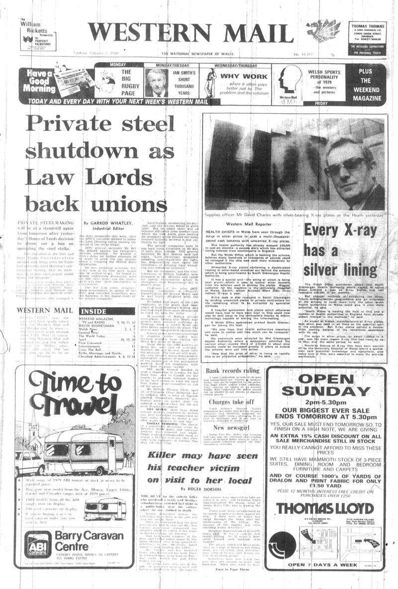 Front page of Western Mail, Sat. 2 Feb 1980