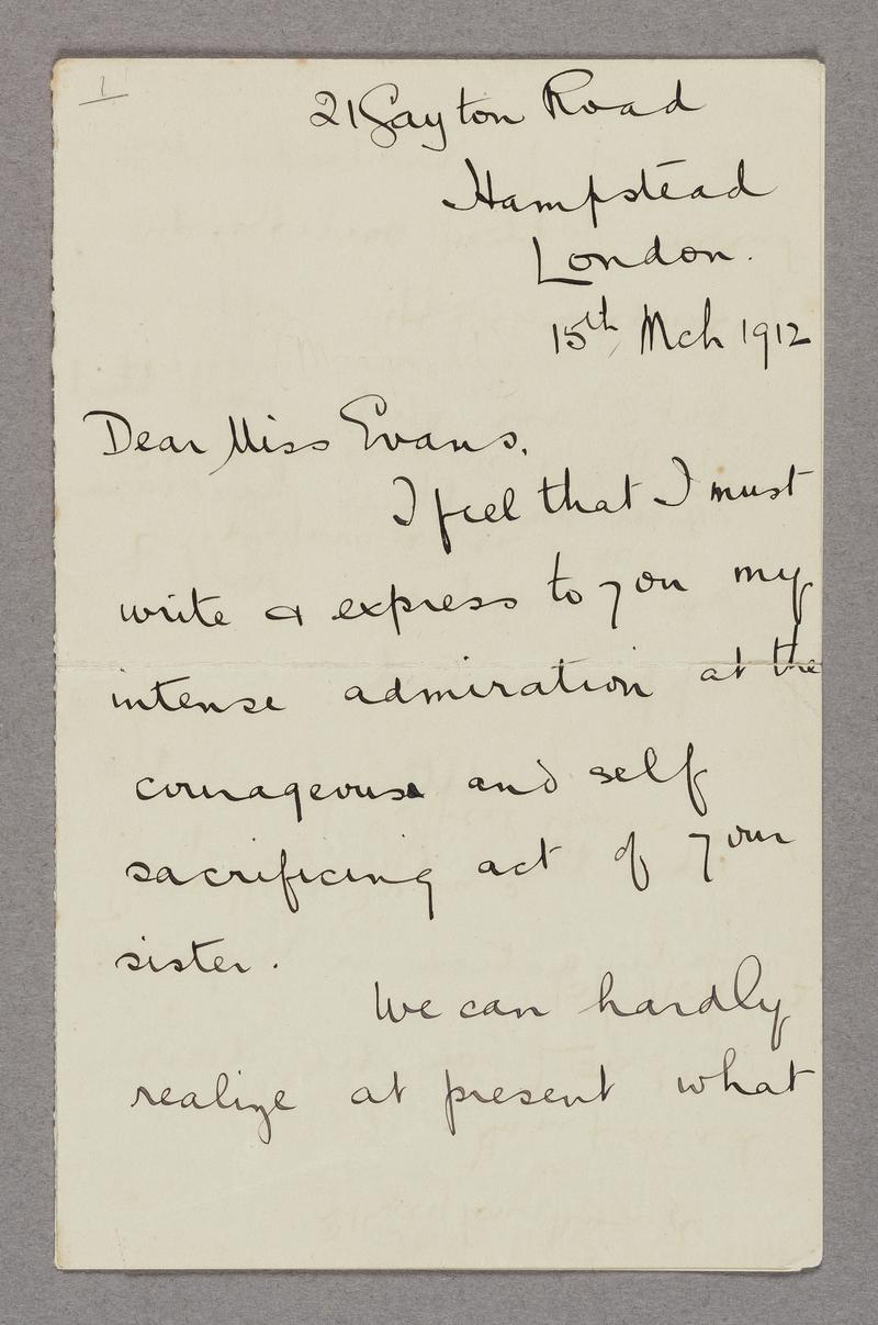 Letter written by Mary E. Griffiths to the sister of Kate Williams Evans on March 15th 1912 concerning the latter&#039;s imprisonment