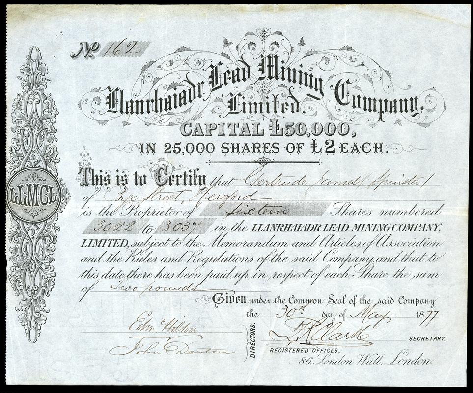 Share Certificate &quot;Llanrhaiadr Lead Mining Company Limited&quot;