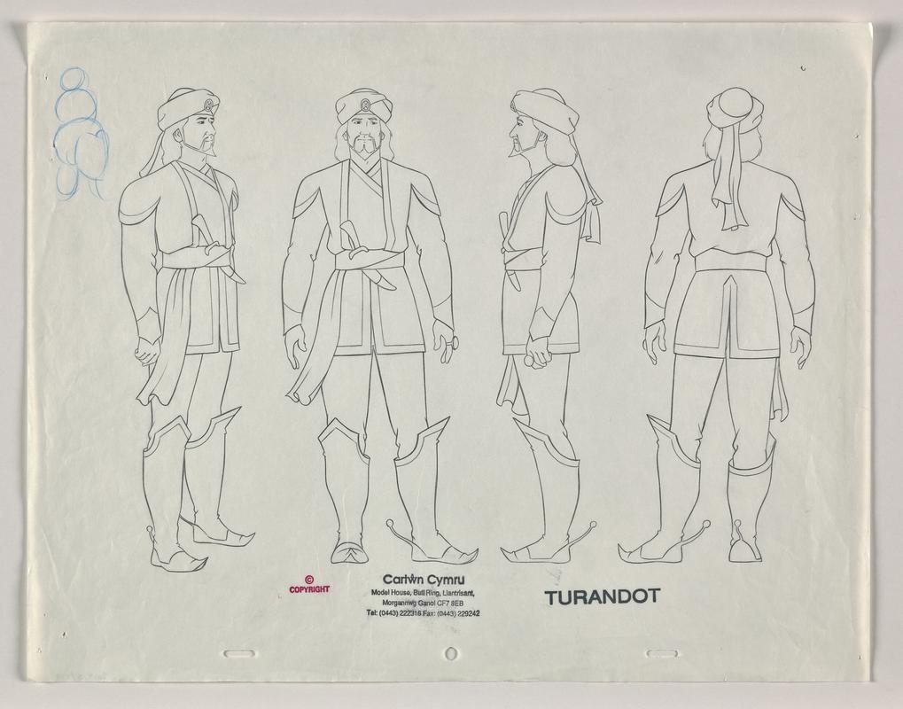 Turandot animation production sketch showing the character Calaf. Stamped with production company name.