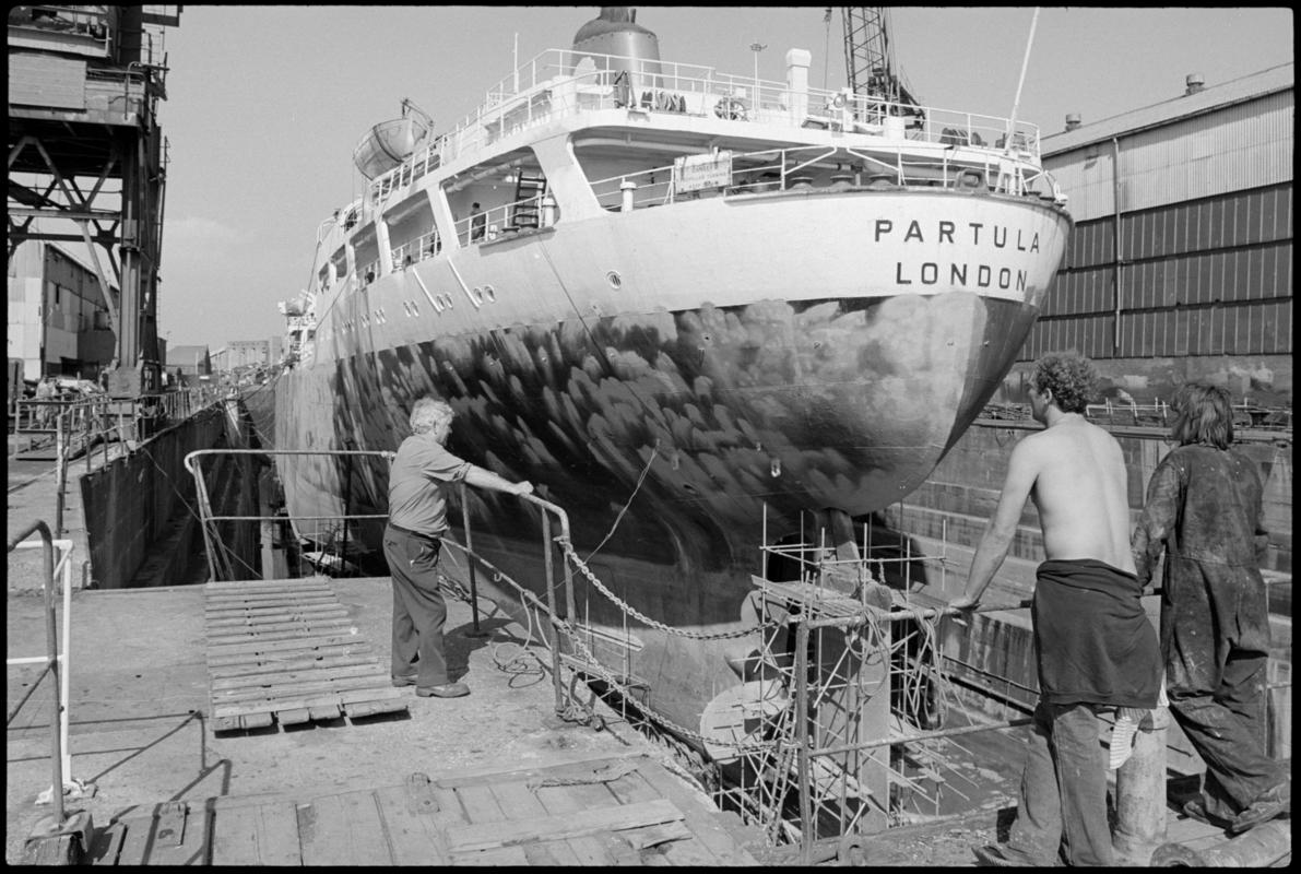 Port stern view of M.V. PARTULA in Channel Dry Dock.