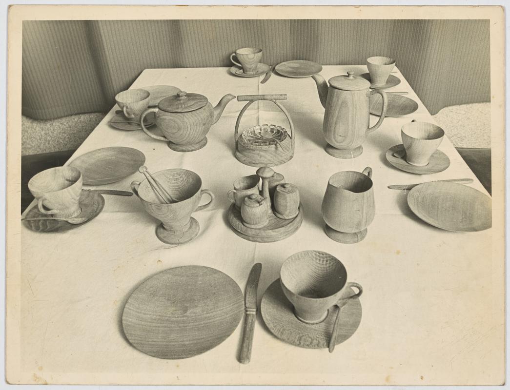 Turned and carved wooden table set made by Newton Edwards, Pwllglas, near Ruthin, 1973. - Photographic Print