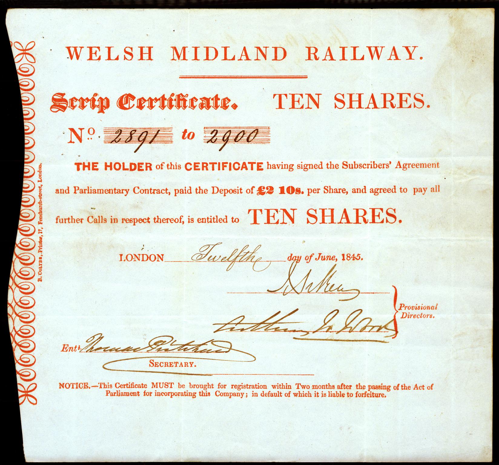 Welsh Midland Railway, share scrip certificate