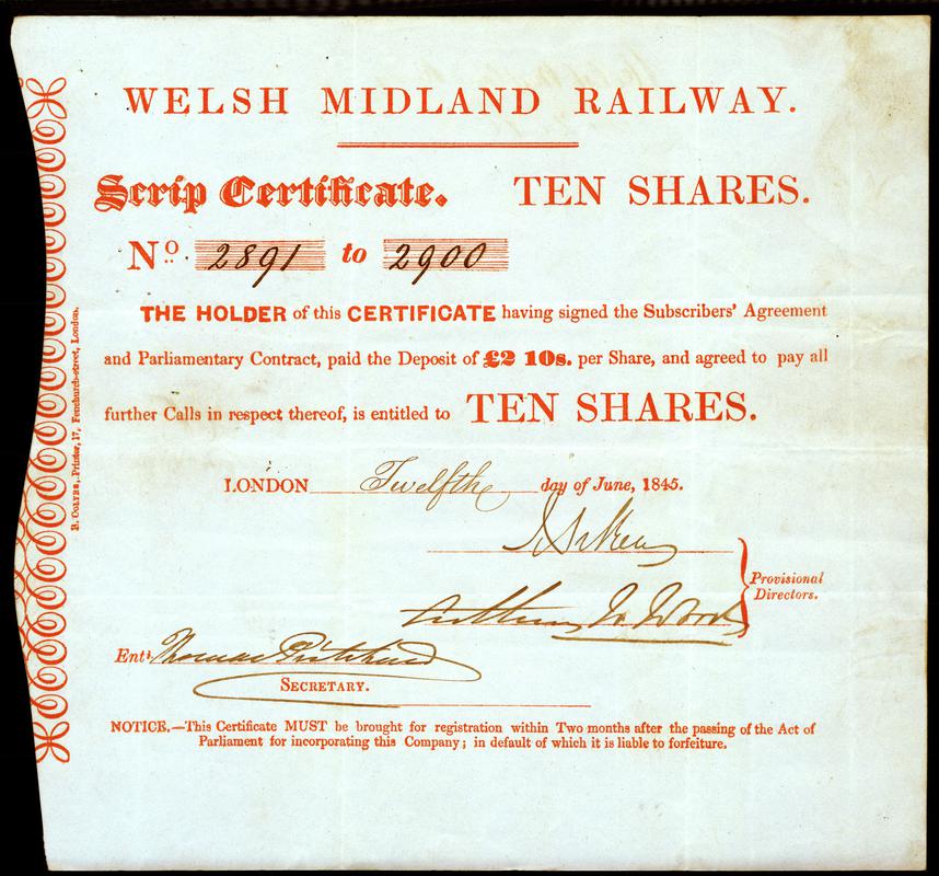 Share Certificate &quot;Welsh Midland Railway&quot;