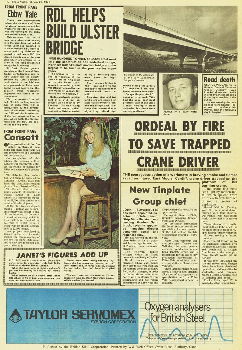 Steel News , Feb 20, 1975 [back page] article &quot;Ordeal by Fire to Save Trapped Crane Driver&quot; with photograph of Peter Bevan [captioned Portrait of a hero: Peter Bevan]
