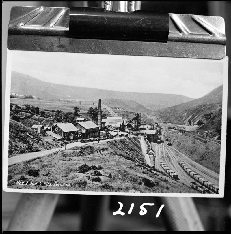 Black and white film negative of a photograph showing a surface view of Ferndale no.2 and no.4 pits.  &#039;Ferndale 2-4&#039; is transcribed from original negative bag.