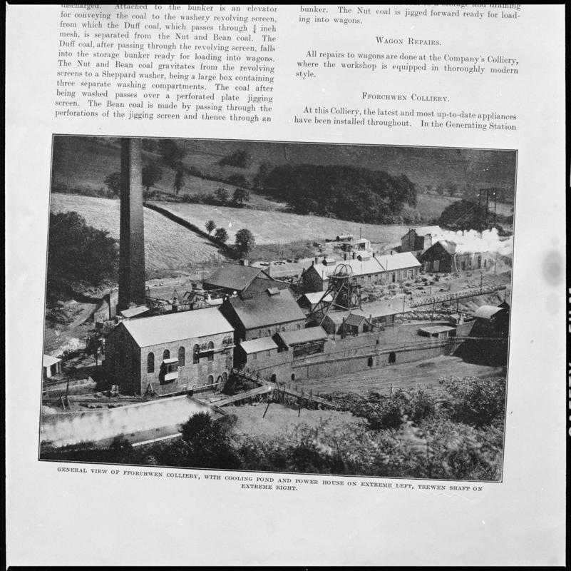 Black and white film negative showing a general view of Fforchwen Colliery, Cwmaman, photographed from a &#039;South Wales Coalfield&#039; publication.  &#039;Fforchwen Colliery&#039; is transcribed from original negative bag.
