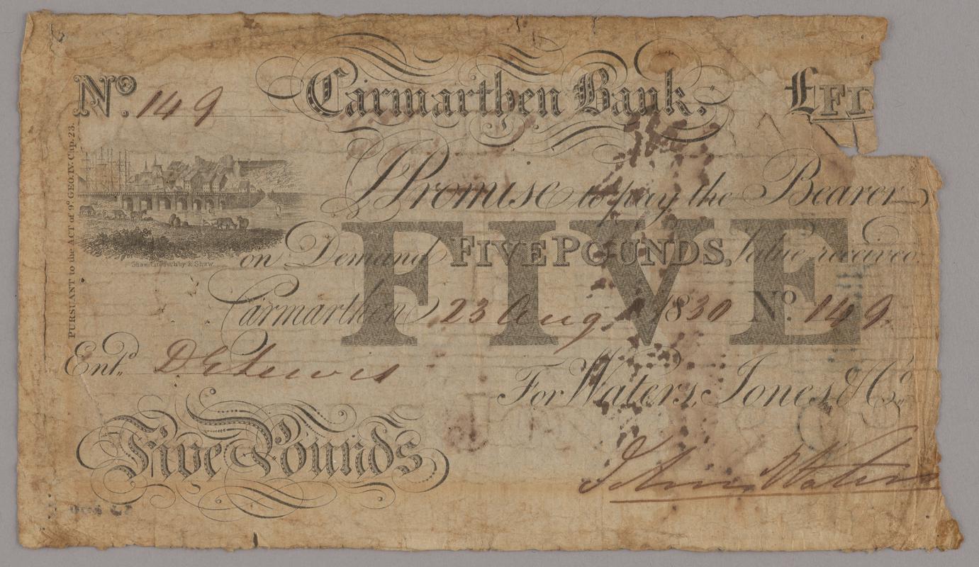 Carmarthen Bank five pounds bank note, 1830