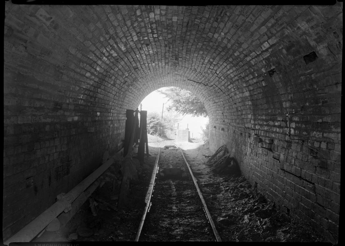 Black and white film negative showing an underground roadway, Blaendare Colliery.  &#039;Blaendare&#039; is transcribed from original negative bag.
