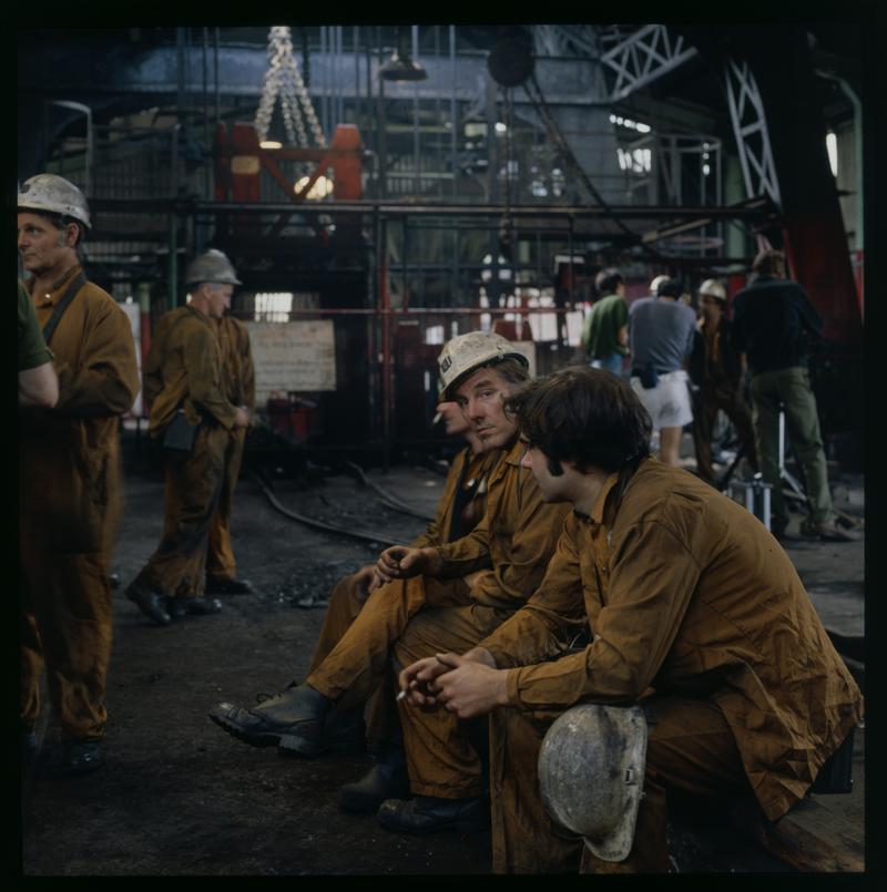 Miners at the pit top area of the Bertie shaft, Lewis Merthyr Colliery