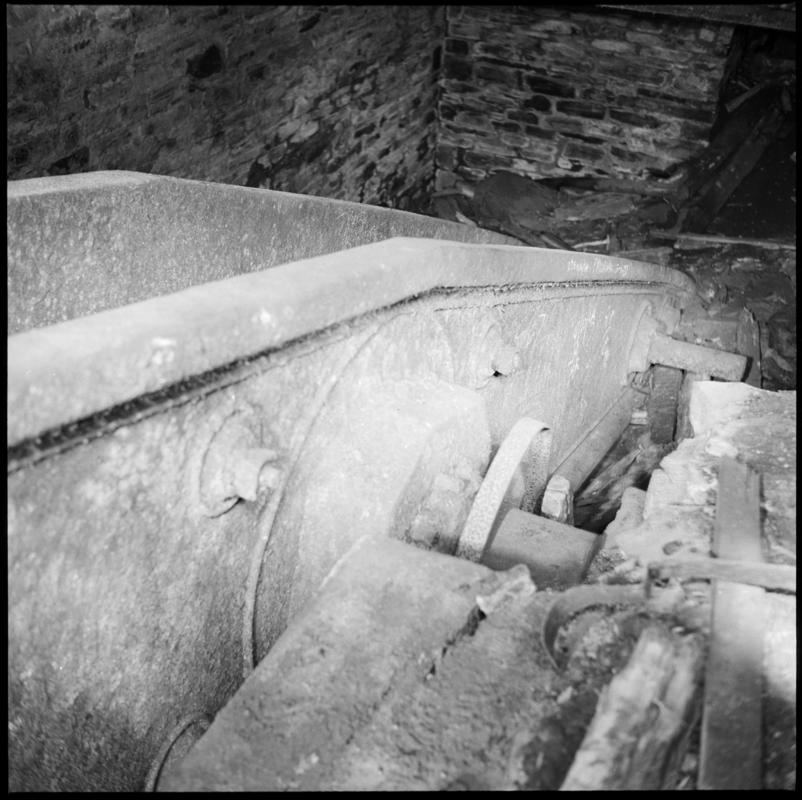 Black and white film negative showing a cast iron beam of a Cornish pumping engine, made by Harvey of Hayle in 1858, situated half way down the No. 2 shaft, Penrhiwceibr Colliery, 8 November 1975.  &#039;Cast Iron Beam Harvey Penrikyber 8/11/75&#039; is transcribed from original negative bag.  Appears to be identical to 2009.3/2849.