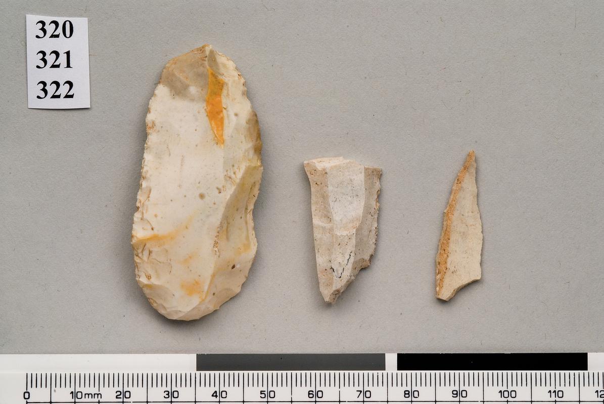 flint penknife point, flint scraper, flint burin