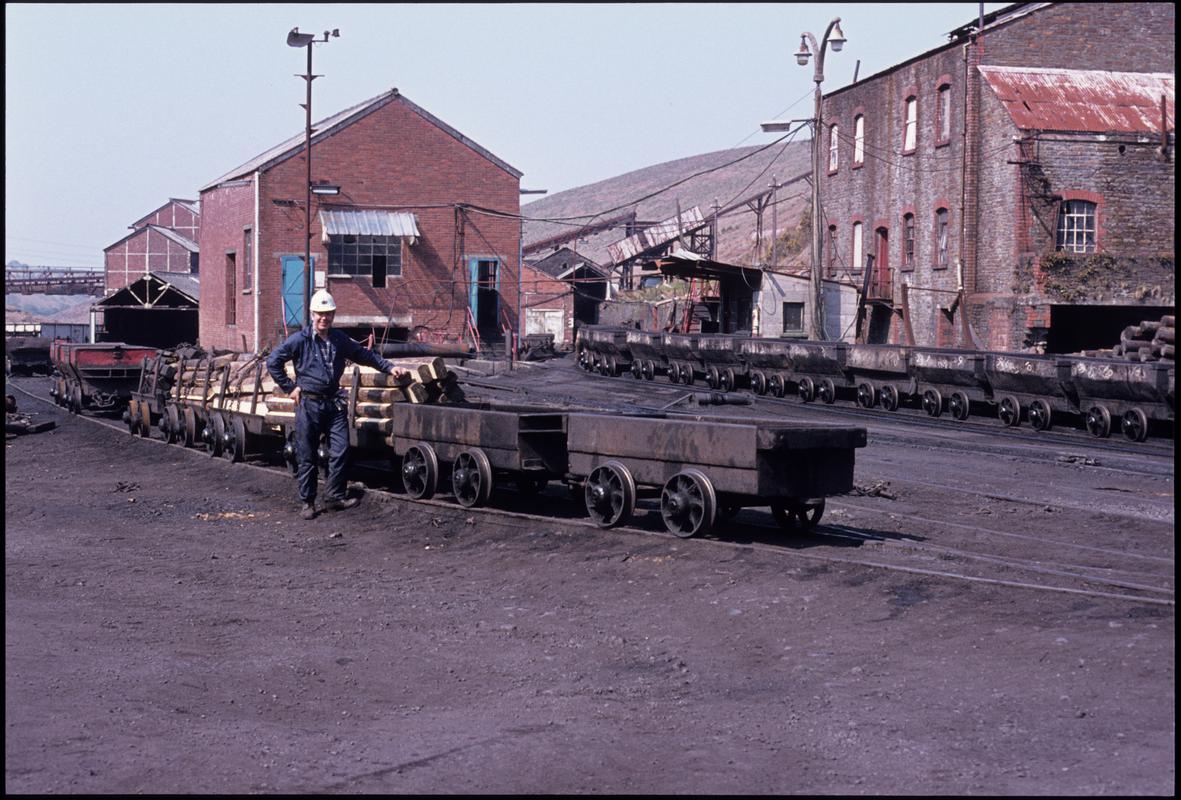 Colour film slide showing Graig Merthyr Colliery yard in 1977 and a long journey of drams.