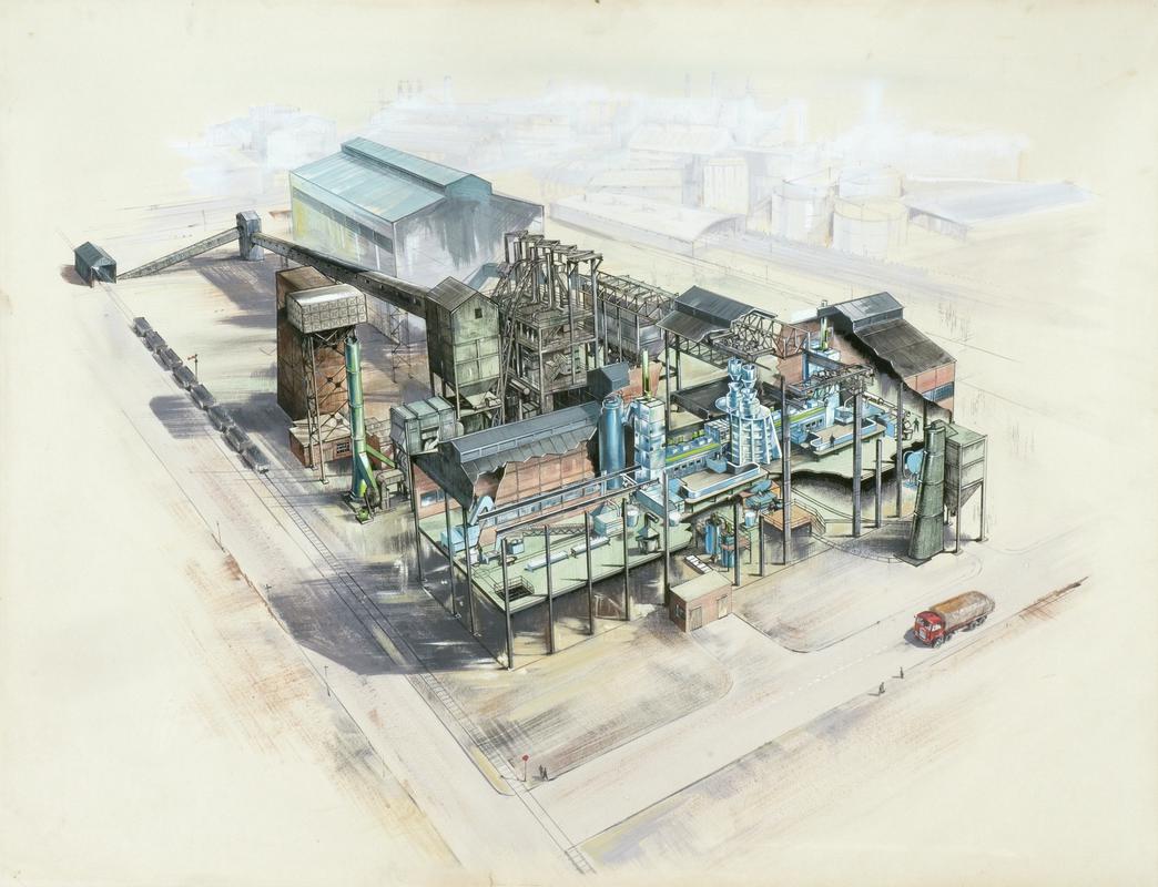 Lead-zinc blast furnace at Swansea Vale works, drawing