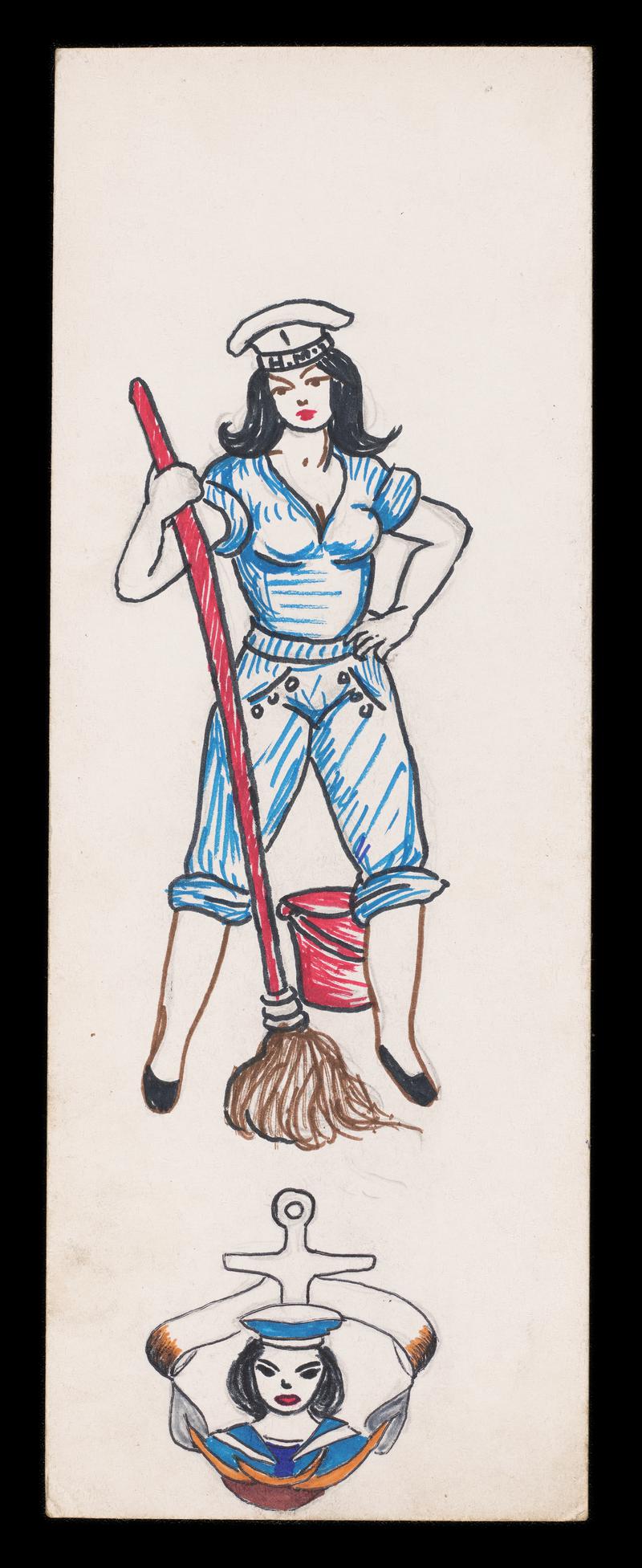 Tattoo flash, including full-length female figure with mop.Couple (male / female) on reverse