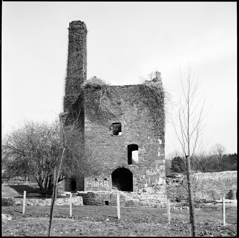 Black and white film negative showing the remains of the engine house, Scott&#039;s Pit, Llansamlet. &#039;Scotts Pit&#039; is transcribed from original negative bag.