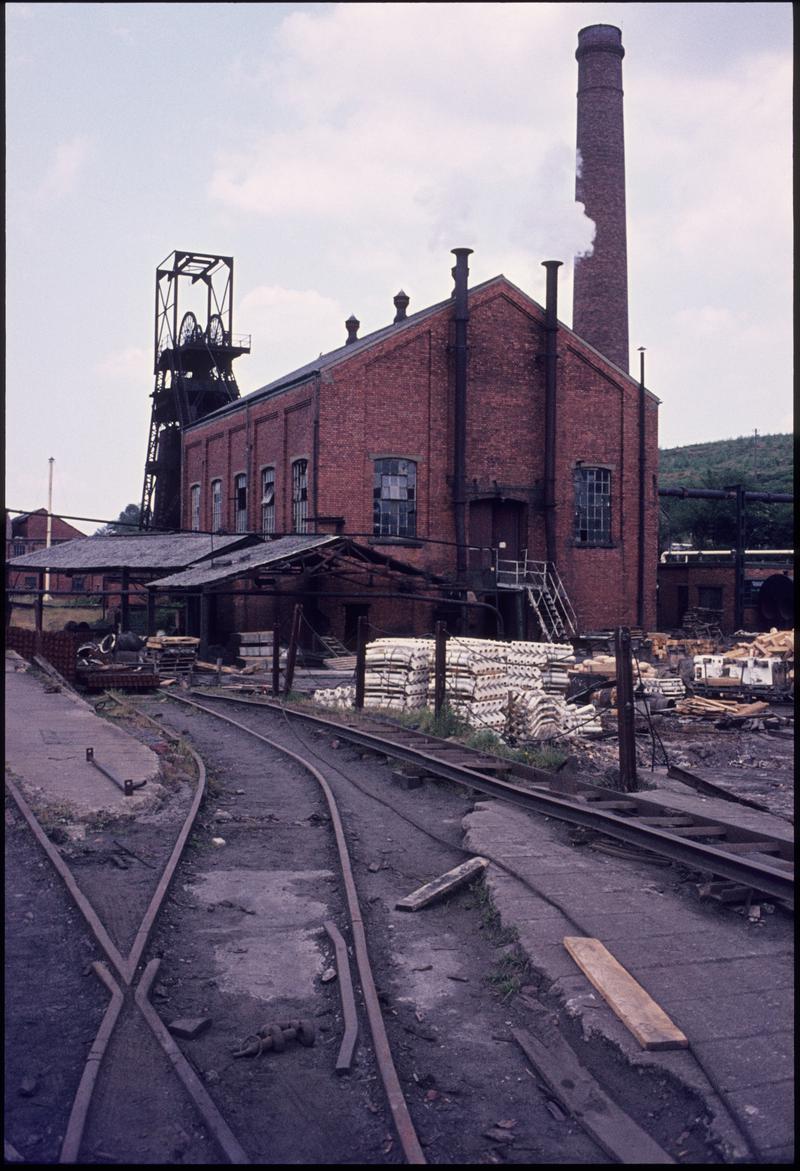 Colour film slide showing the engine house for the Markham engine on the upcast shaft, Cefn Coed Colliery.  A black and white negative of this image is accessioned as 2009.3/804.