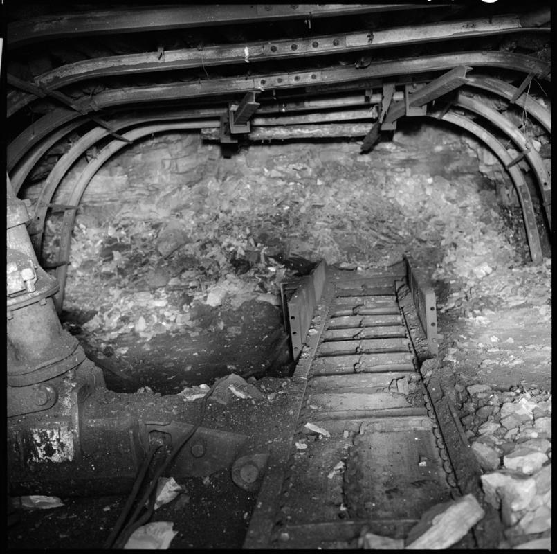 Black and white film negative showing the G11 face, Big Pit Colliery 24 February 1979.  &#039;Big Pit Blaenavon G11 24/2/79&#039; is transcribed from original negative bag.