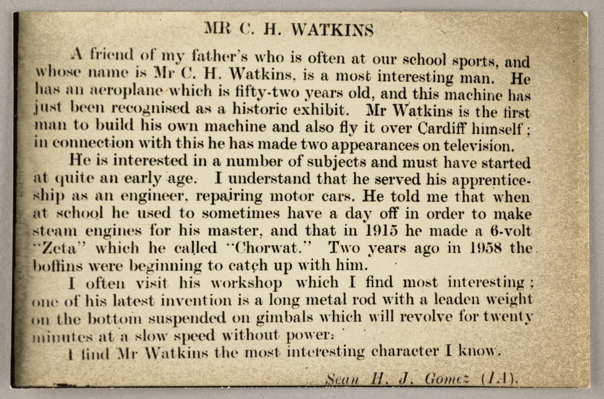 Photographic copy of a short article on Mr C.H. Watkins.