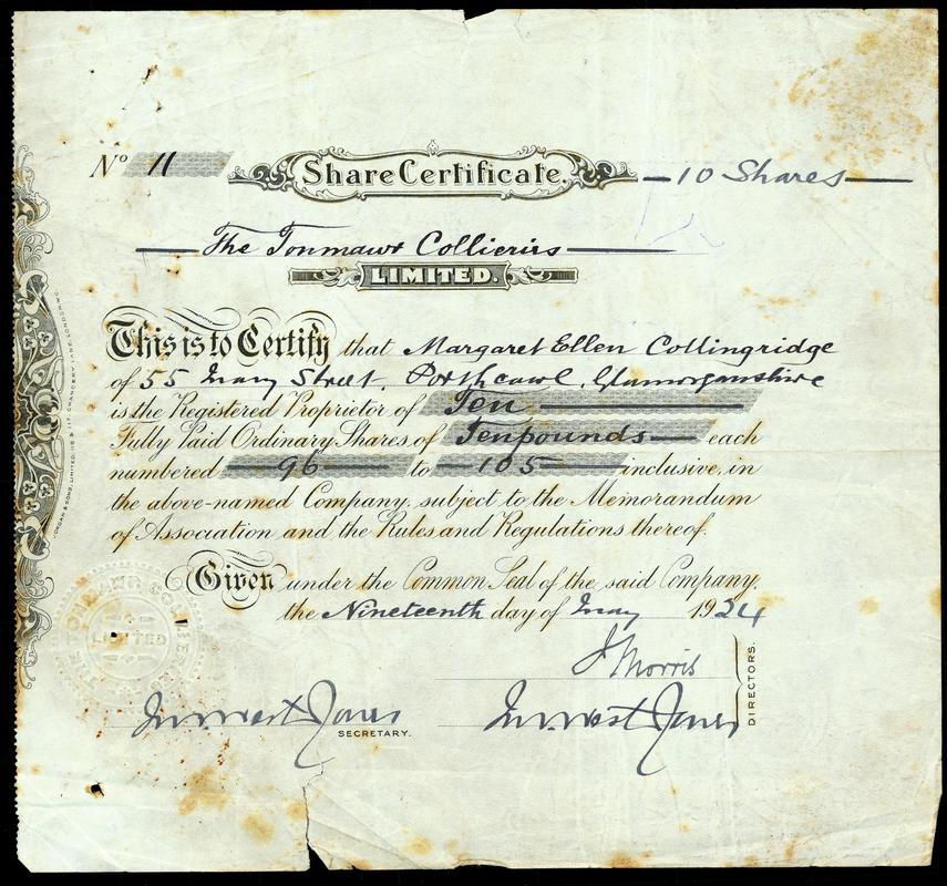 Share Certificate &quot;Tonmawr Collieries, Limited&quot;