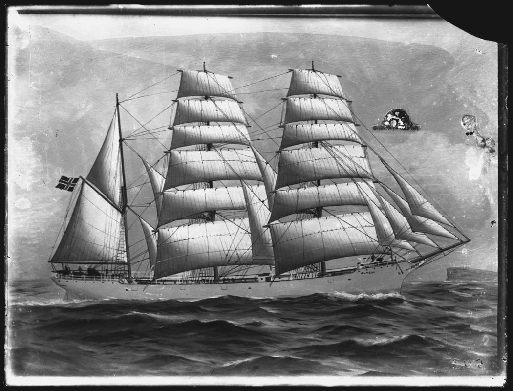 Photograph of painting showing a starboard broadside view of the three-masted barque ALMORA.