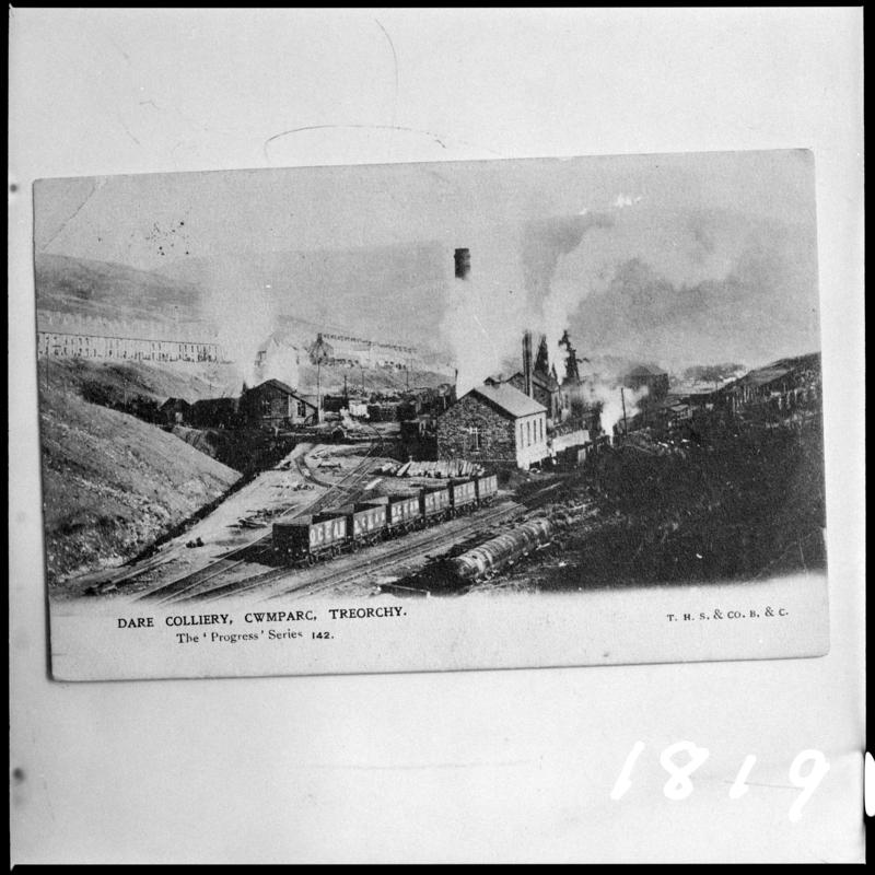 Black and white film negative of a photograph showing a surface view of Dare Colliery, Cwmparc, Treorchy.  &#039;Dare Colliery&#039; is transcribed from original negative bag.