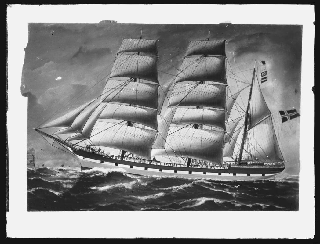 Photograph of a painting showing a port broadside view of the three-masted barque CERD.