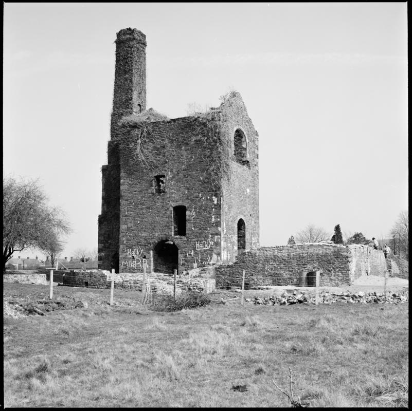 Black and white film negative showing the remains of the engine house, Scott&#039;s Pit, Llansamlet.  &#039;Scotts Pit&#039; is transcribed from original negative bag.