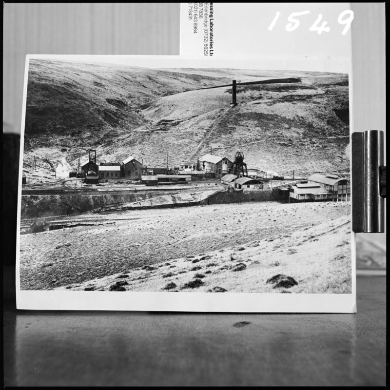 Black and white film negative showing the No. 3 and No. 4 Pits before the extensive modernisation.  The chimney on the hillside was connected to the boilers and was built high up to provide extra draught for the boilers. &#039;Mardy&#039; is transcribed from original negative bag.