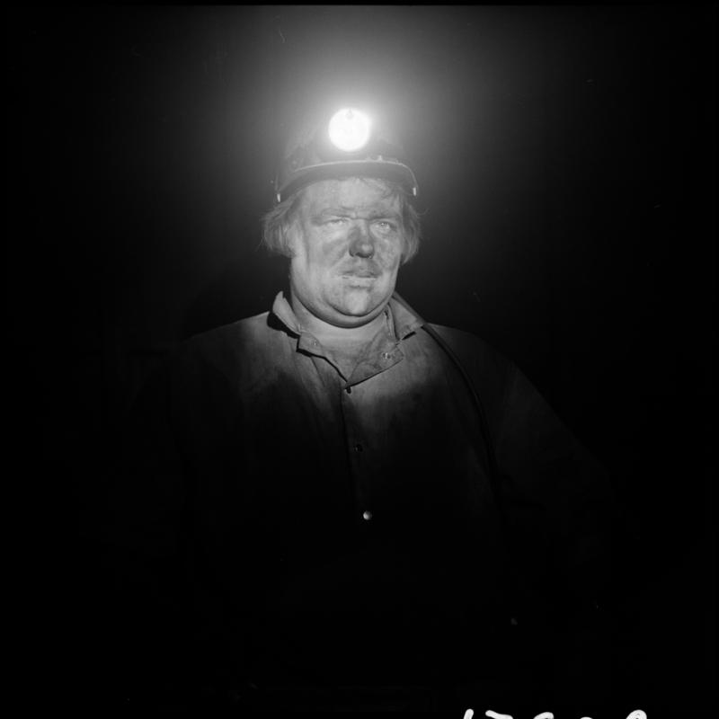 Black and white film negative showing a miner, Blaengwrach Mine, 1 November 1979.  &#039;Blaengwrach 1 Nov 1979&#039; is transcribed from original negative bag.  Appears to be identical to 2009.3/1341, 2009.3/1343, 2009.3/1345 and 2009.3/1346.