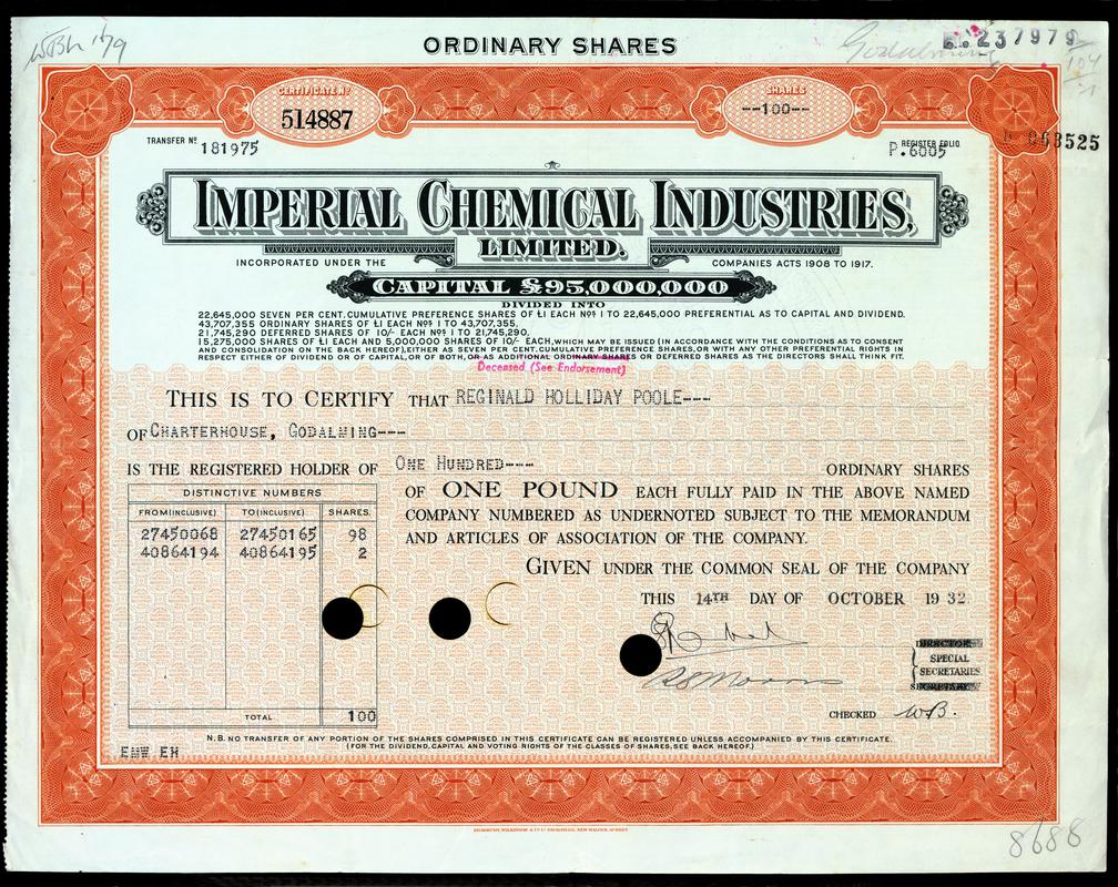 Share Certificate &quot;Imperial Chemical Industries Limited&quot;