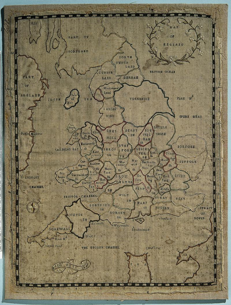 Sampler (map of Wales and England), made in England, 1785