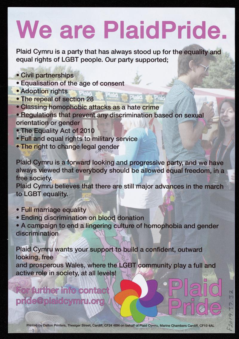 Plaid Cymru bilingual leaflet &#039;PlaidPride ydym ni / We are PlaidPride&#039;.