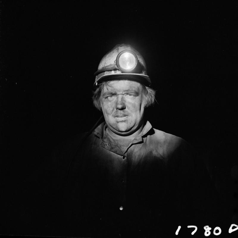 Black and white film negative showing a miner, Blaengwrach Mine, 1 November 1979.  &#039;Blaengwrach 1 Nov 1979&#039; is transcribed from original negative bag.