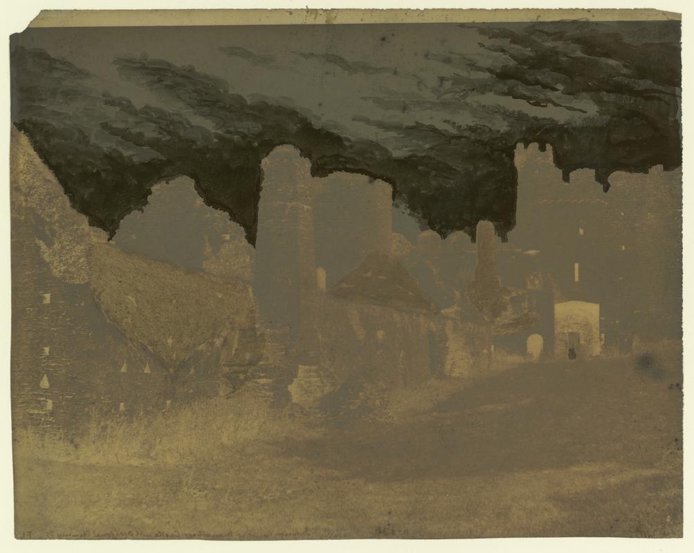 Wax paper calotype negative. Interior court at Manobier Castle, with Octagonal Chimney