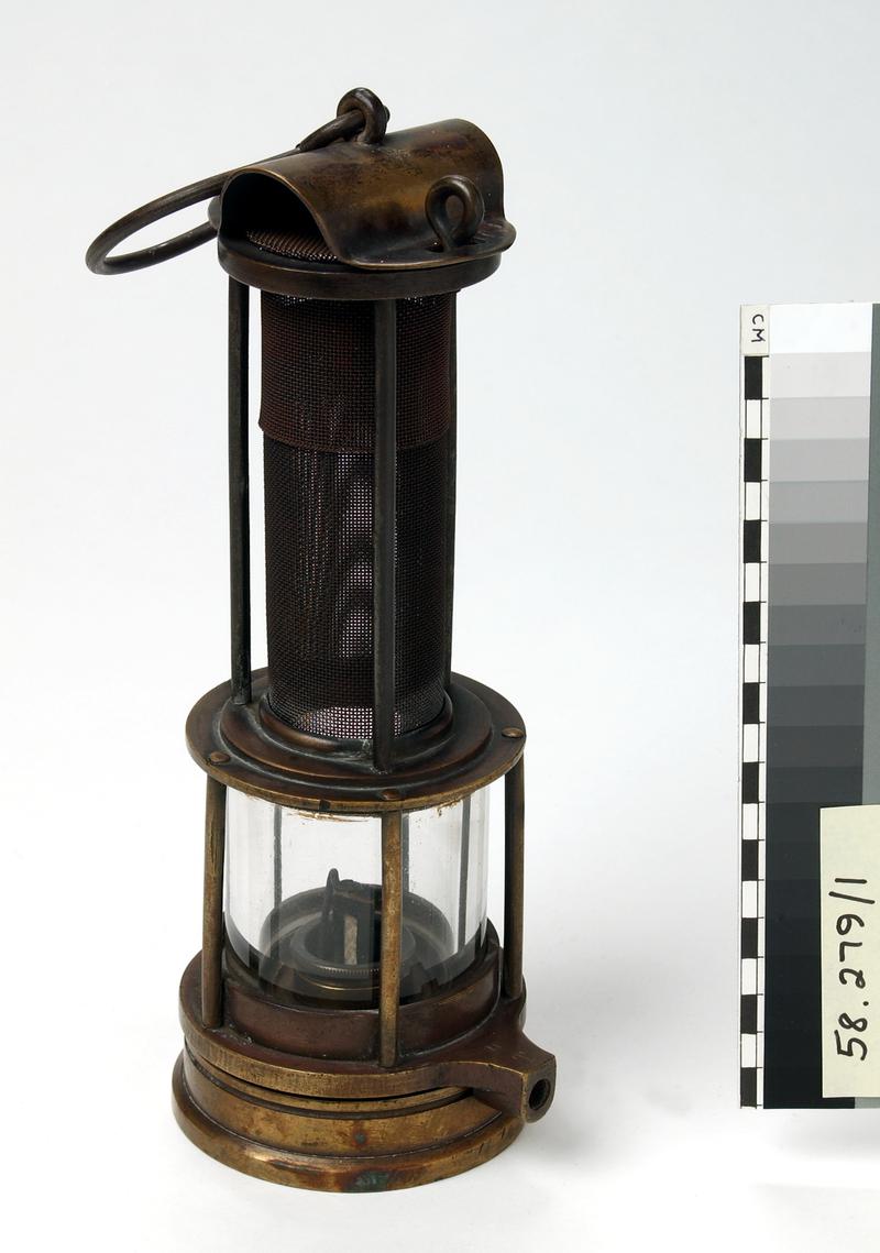 Clanny flame safety lamp with gauze top,