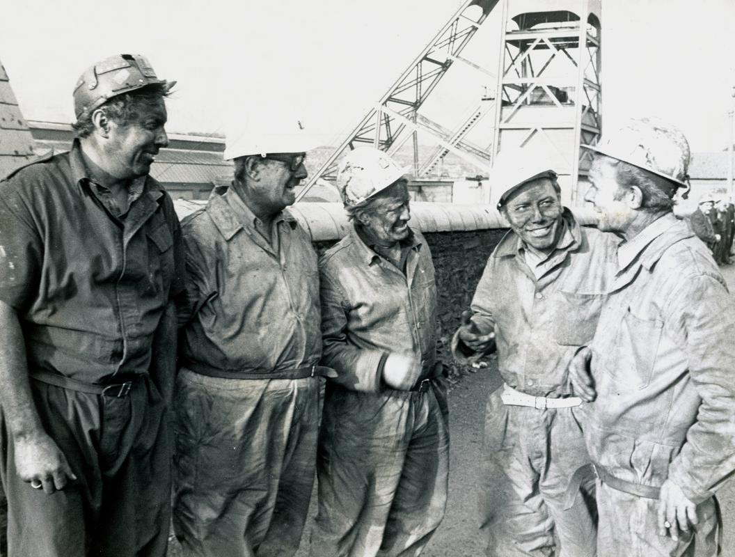 Group of 5 workers on surface at Britannia Colliery, Bargoed